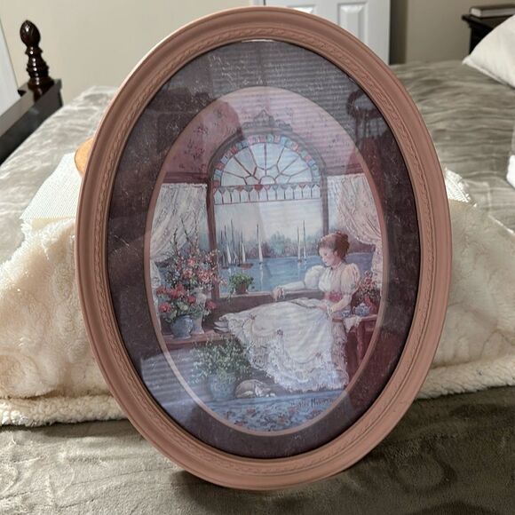 Barbara Mock Pink Oval Oil Painting Print Lady Reading By the Lake View Window